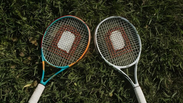 Photo tennis rackets on grass