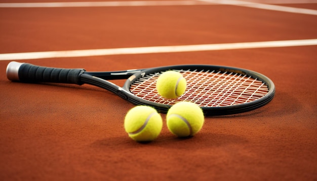 Теннисная ракетка на корте с теннисными мячами