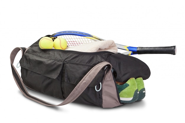 Foto borsa sportiva da tennis. con la racchetta e la palla da tennis.