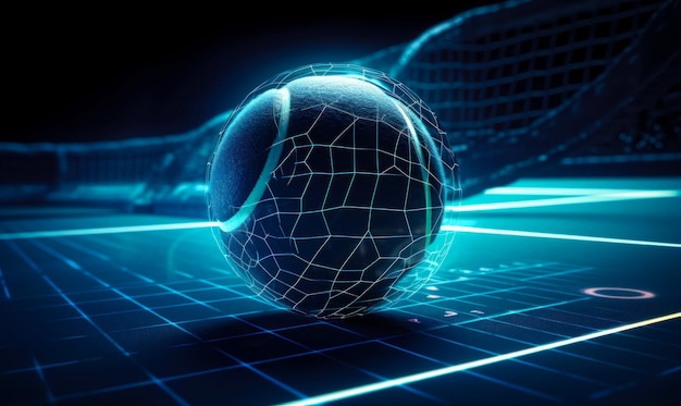 Tennisbal bedekt met dun hologramnet Neonverlichte tennisbaan op achtergrond in vervaging Generatieve AI