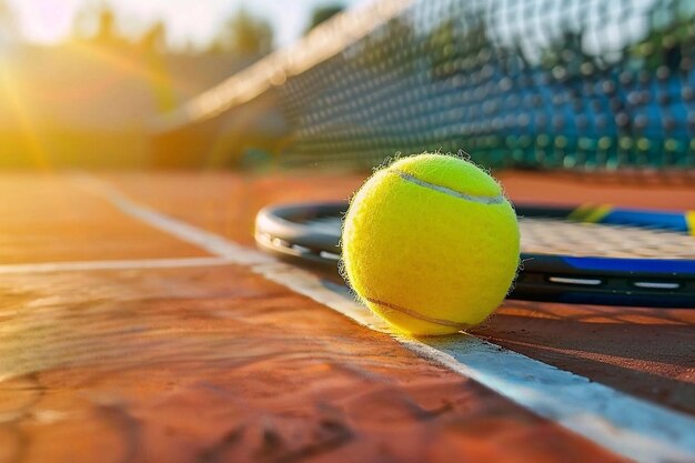 Tennisbal en racket op een tennisbaan