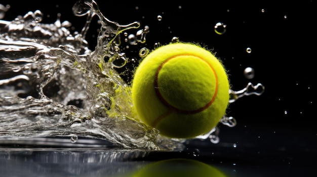 Foto tennisbal in beweging vliegt snel stuitert met waterdruppels spettert over donkere achtergrond sport behang toernooi