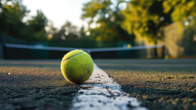 Tennisbal op de baan vroeg in de ochtend licht