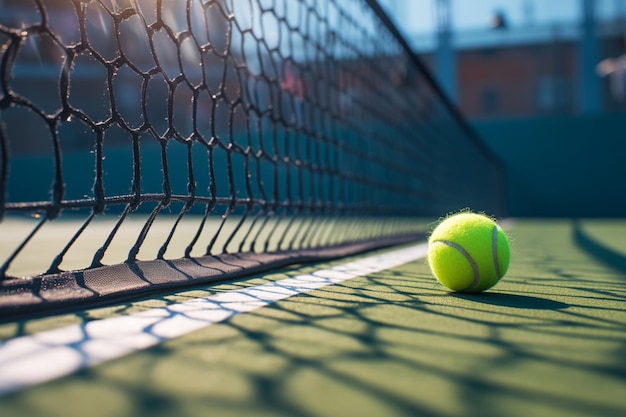 Tennisbal rust op de witte lijn naast het net op het veld