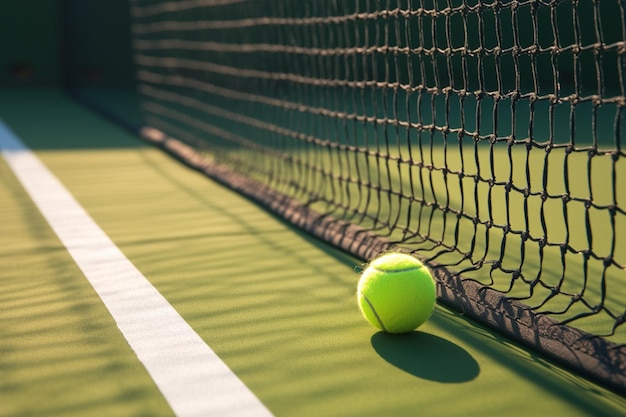 Tennisbal rust op de witte lijn naast het net op het veld