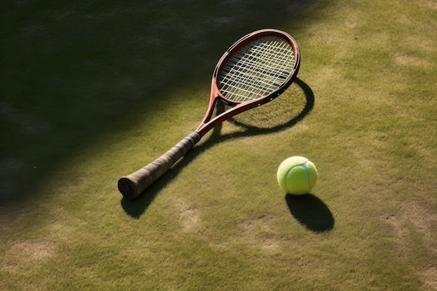 Foto tennisracket en bal op grasveldschaduwen gemaakt met generatieve ai