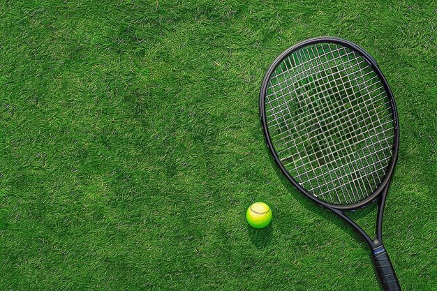 Tennisracket en bal op groen gras