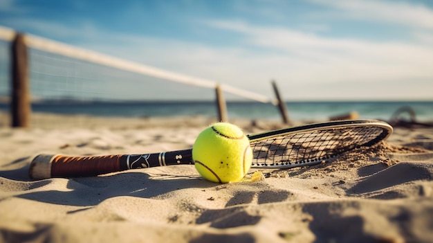 Foto tennisracket en ballen op het zand bij het strand
