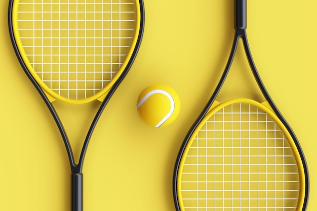 Tennisracket met tennisbal op een gele achtergrond