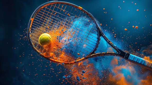 Tennisracket spetterend gekleurd poeder in de lucht terwijl het de bal in slow motion raakt tegen een donkere achtergrond en ruimte voor tekst Generatieve AI