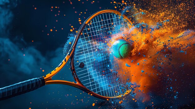 Tennisracket spetterend gekleurd poeder in de lucht terwijl het de bal in slow motion raakt tegen een donkere achtergrond en ruimte voor tekst Generatieve AI