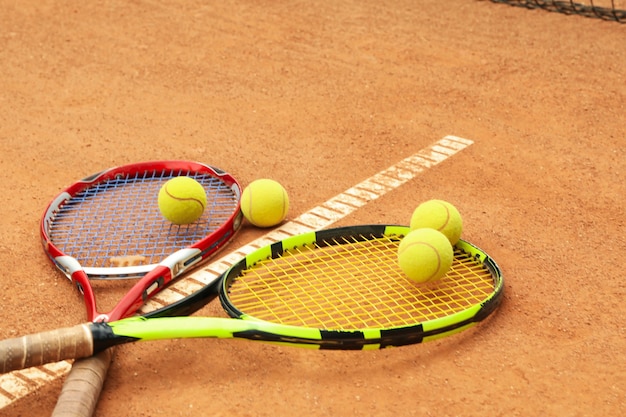 Tennisrackets met tennisballen op gravel