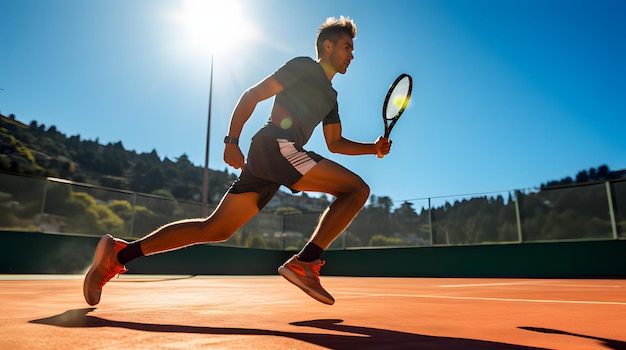 Tennisspeler die een perfecte backhand uitvoert tijdens een zonnige wedstrijd