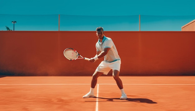 Tennisspeler man in gereed stand op een klei tennisbaan gecreëerd met Generative AI technologie.