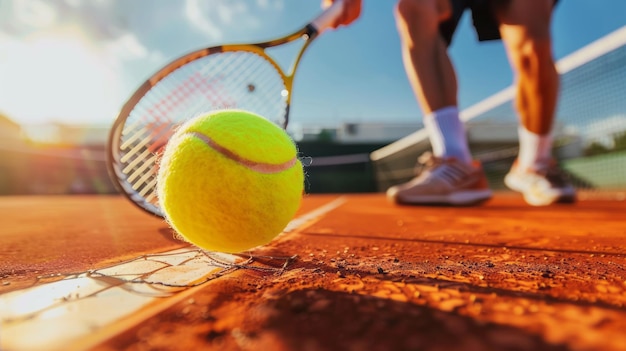 Tennisspeler op de tennisbaan Close-up van een tennisracket en een bal