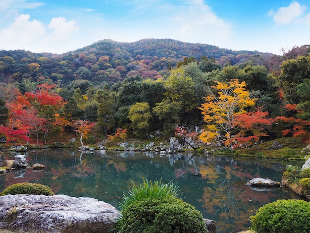 교토, 일본에서 가을에 텐 류지 사원 정원.