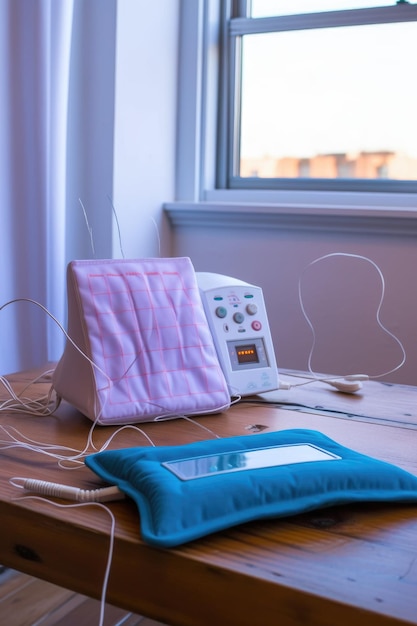 Tens unit and a heating pad on a clinic table created with generative ai