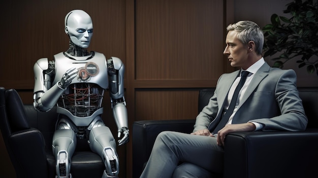 tense scene in the waiting room a human candidate in a suit and an AI robot in business attire are nervously waiting for an interview