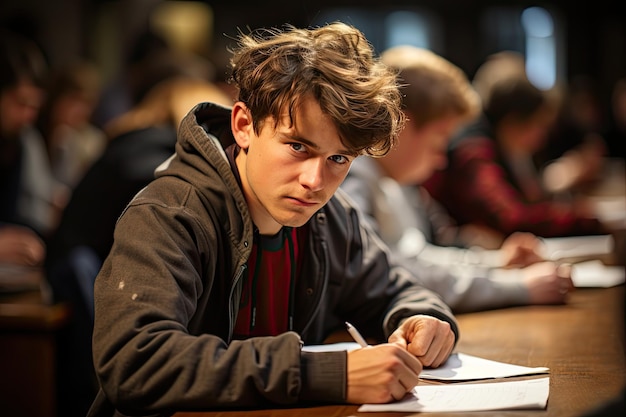 Tense student focuses during challenging test generative IA