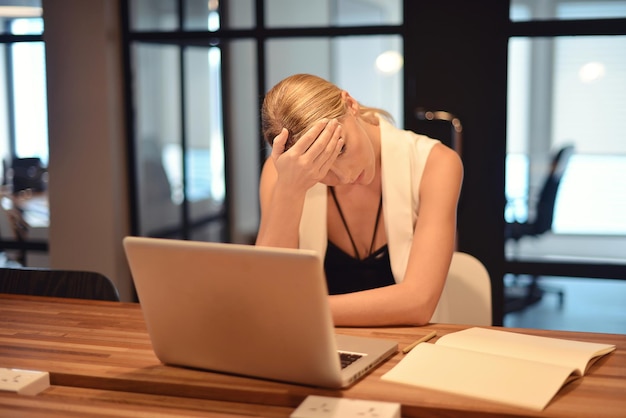 tensed woman at table in office