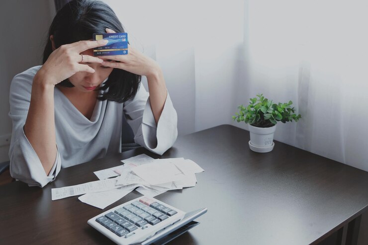 Photo テーブルでクレジットカードを持った緊張した女性