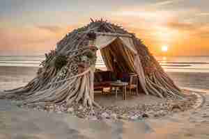 Photo a tent on a beach with a beautiful sunset in the background.