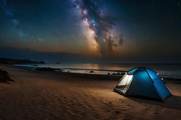 A tent on a beach with the milky way in the background