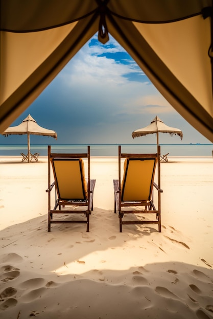 A tent on the beach with a view of the sea and the sky