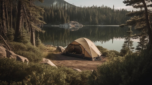 A tent by a lake with mountains in the background