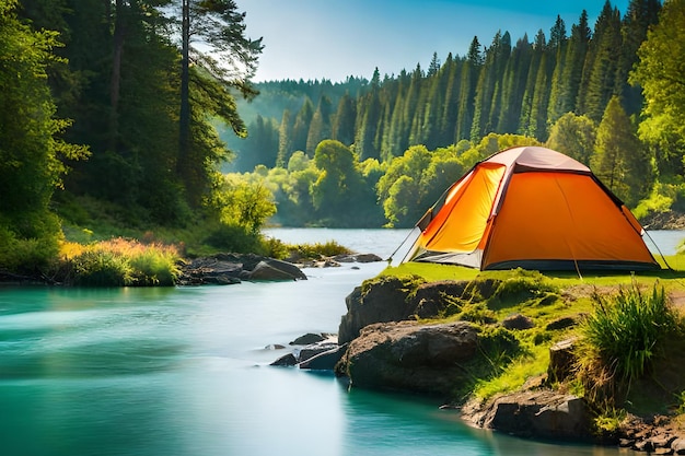 A tent by a river with a forest in the background