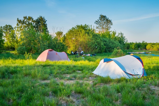 Tent camp camping at sunset on green grass field in forest