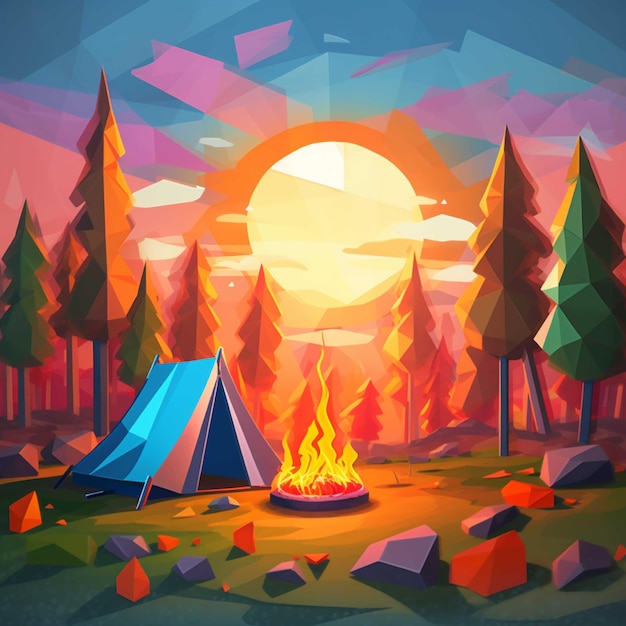 A tent and camp fire in front of Colourful Forrest landscape