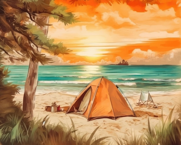 Кемпинг с палаткой на пляже у моря Генеративный AI