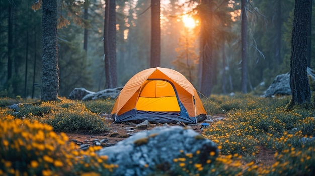 Tent camping in a forest under a sunny and blue sky