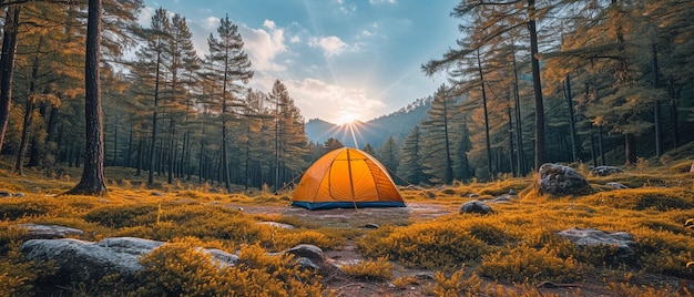 Tent camping in a forest under a sunny and blue sky