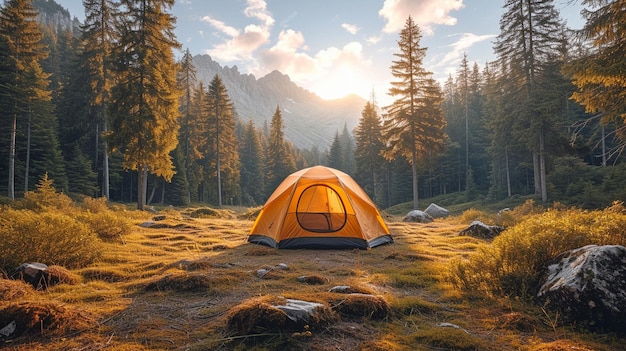 Tent camping in a forest under a sunny and blue sky