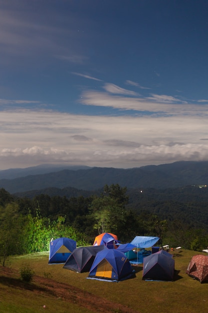 Tent camping on the lawn.