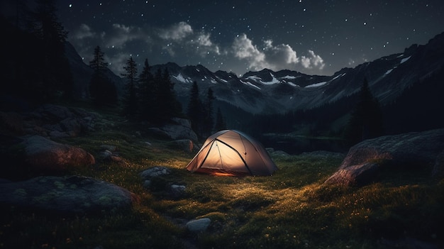 Tent camping in the night time Generative Ai