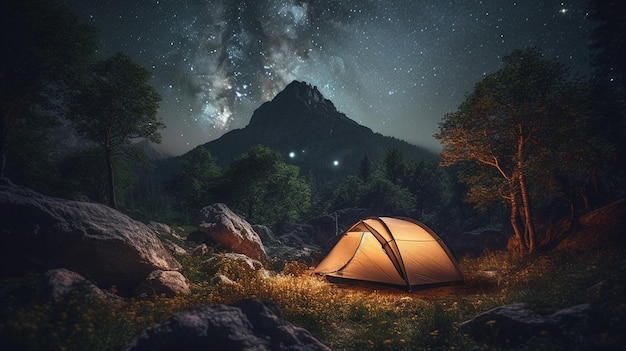 Tent camping in the night time Generative Ai