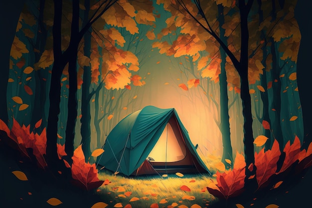 가을 숲에서 텐트 캠핑