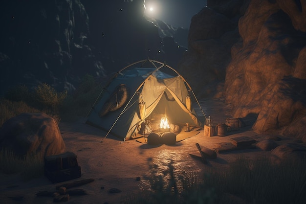 A tent in the dark with a moon behind it