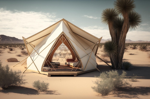 A tent in the desert with a couch and a bed.