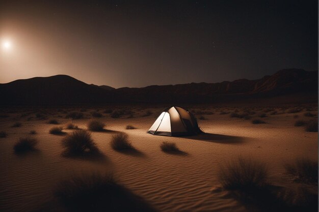 a tent in the desert with the lights on