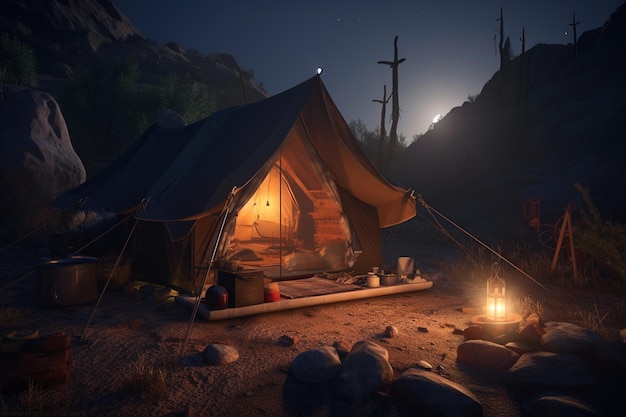 A tent in the desert with the moon in the background