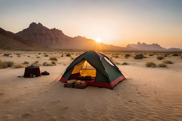 a tent in the desert with mountains in the background