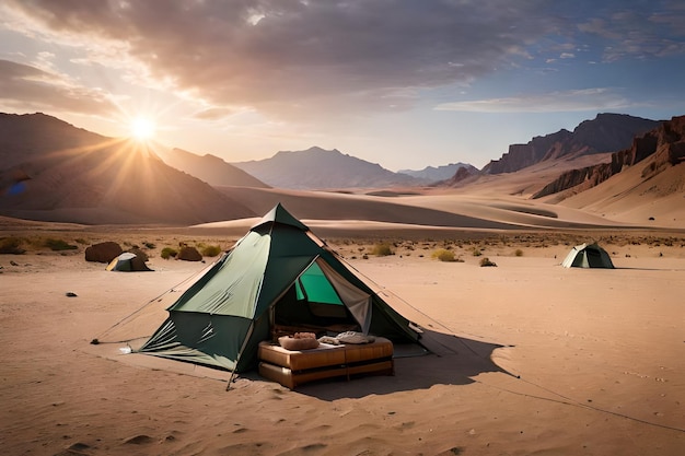 a tent in the desert with mountains in the background