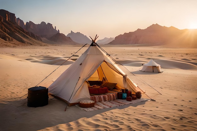 A tent in the desert with mountains in the background