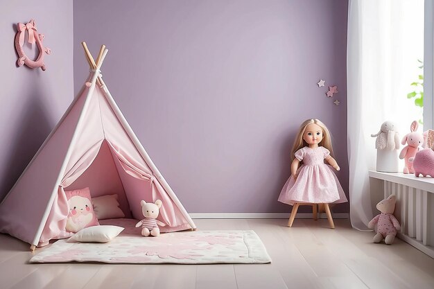 Foto tent en pop in het interieur van de kinderkamer met kopieerruimte