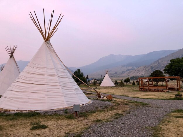 Photo tent on field near yellowstone