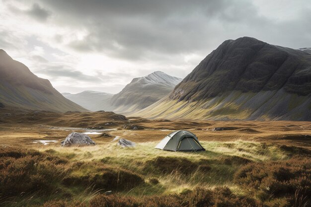 배경에 산이 있는 들판의 텐트